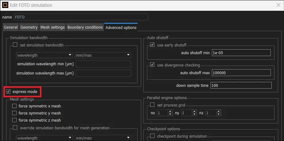 FDTD オブジェクトプロパティ (advanced optionsタブ) で「express mode」オプションを有効