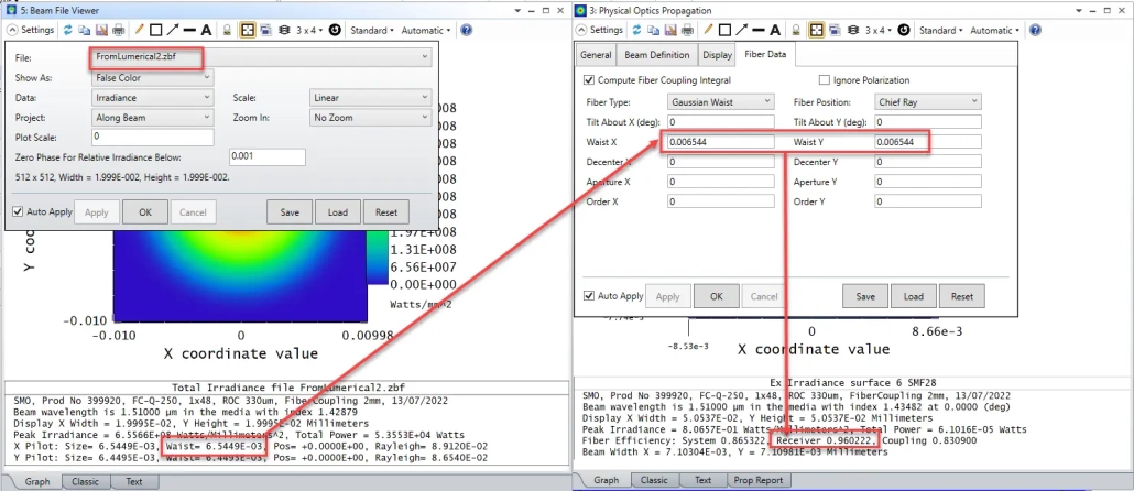 import the new Zemax Beam File created in Lumerical deck back to OpticStudio Beam File Viewer