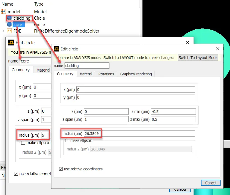 Edit the object properties in Lumerical MODE