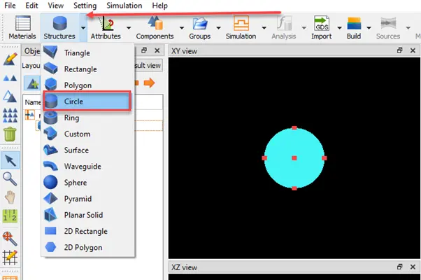 Press the arrow on the STRUCTURES button in Lumerical Layout Editor and select CIRCLE from the pull-down menu.