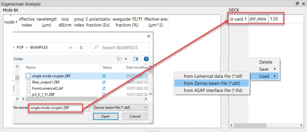 import the single mode coupler.ZBF file in the Deck of Eigen solver Analysis Window